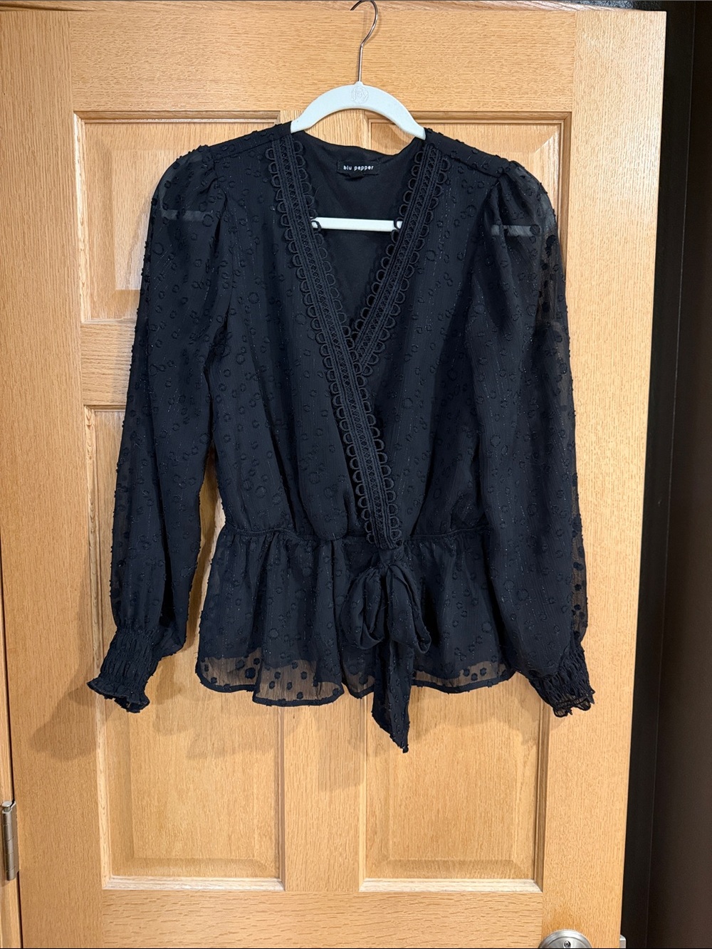 Blu Pepper Black Swiss Dot Wrap Peplum Blouse